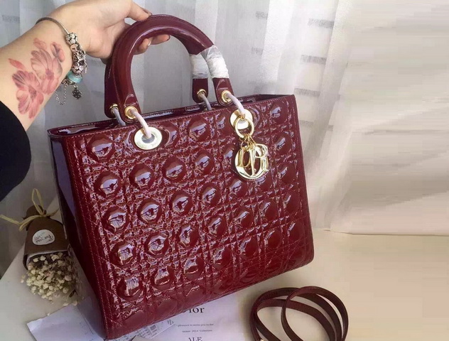 Large Lady Dior Bag Oxblood Patent Lambskin Gold Hardware for Sale