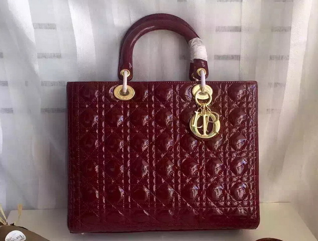 Large Lady Dior Bag Oxblood Patent Lambskin Gold Hardware for Sale