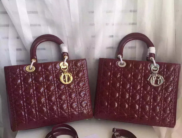 Large Lady Dior Bag Oxblood Patent Leather Silver Hardware for Sale