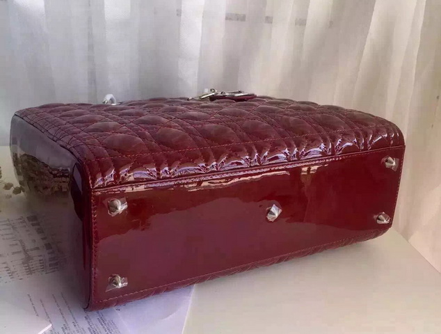 Large Lady Dior Bag Oxblood Patent Leather Silver Hardware for Sale