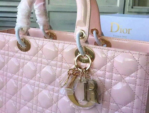 Large Lady Dior Bag Pink Patent Lambskin Gold Hardware for Sale