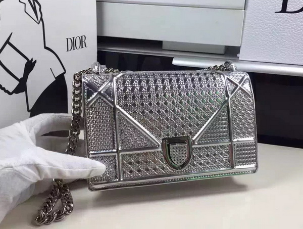 Mini Diorama Bag Silver Tone Metallic Calfskin for Sale