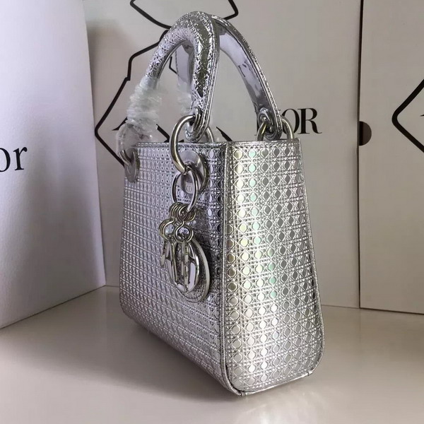 Mini Lady Dior Bag Silver Tone Metallic Calfskin with Micro Cannage Motif for Sale