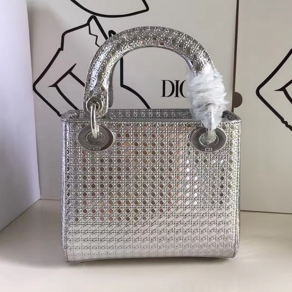 Mini Lady Dior Bag Silver Tone Metallic Calfskin with Micro Cannage Motif for Sale