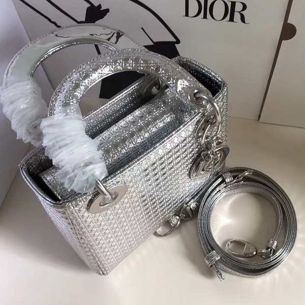 Mini Lady Dior Bag Silver Tone Metallic Calfskin with Micro Cannage Motif for Sale