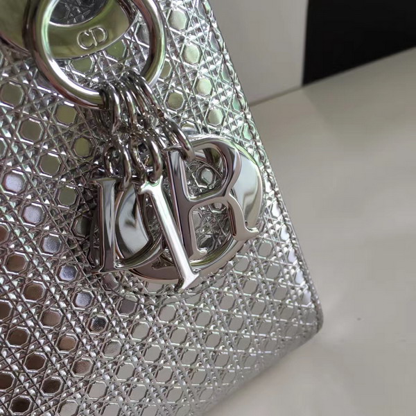 Mini Lady Dior Bag Silver Tone Metallic Calfskin with Micro Cannage Motif for Sale