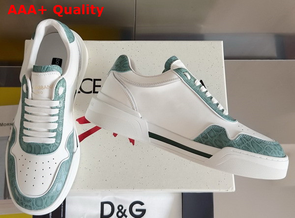 Dolce Gabbana Calfskin New Roma Sneakers with Crocodile Details White and Peacock Blue Replica