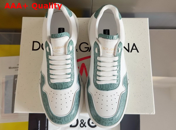 Dolce Gabbana Calfskin New Roma Sneakers with Crocodile Details White and Peacock Blue Replica