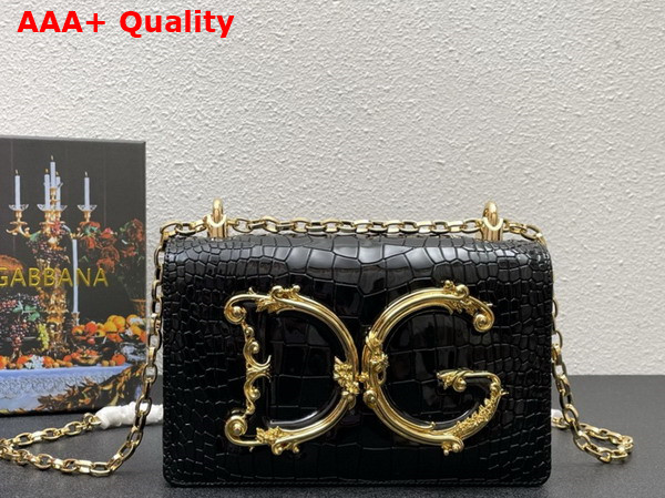 Dolce Gabbana Medium DG Girls Shoulder Bag in Black Croc Effect Calfskin Replica