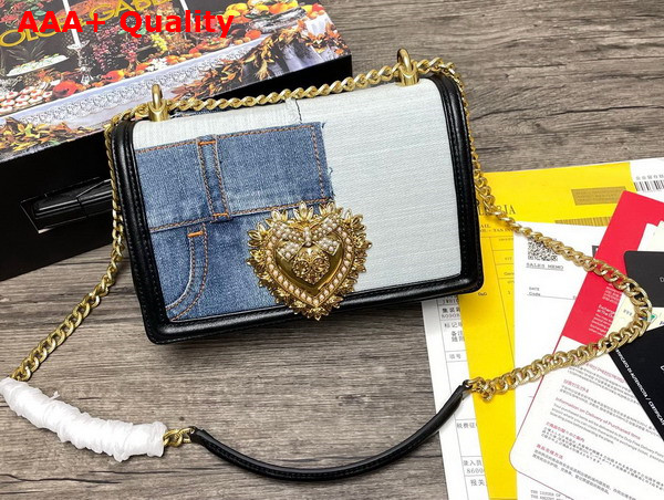 Dolce Gabbana Medium Devotion Bag in Patchwork Denim and Plain Calfskin Denim Replica