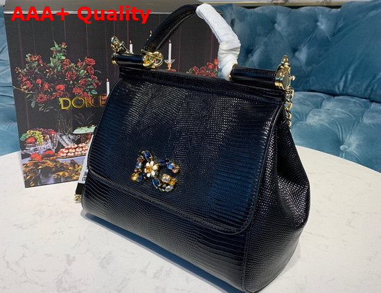 Dolce Gabbana Medium Sicily Bag in Black Lizard Embossed Calfskin Replica