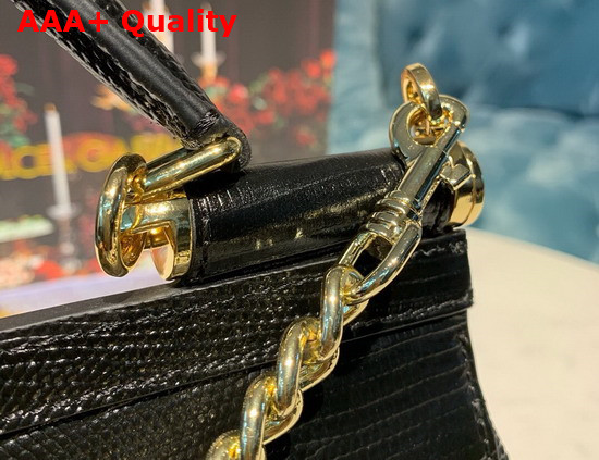 Dolce Gabbana Medium Sicily Bag in Black Lizard Embossed Calfskin Replica