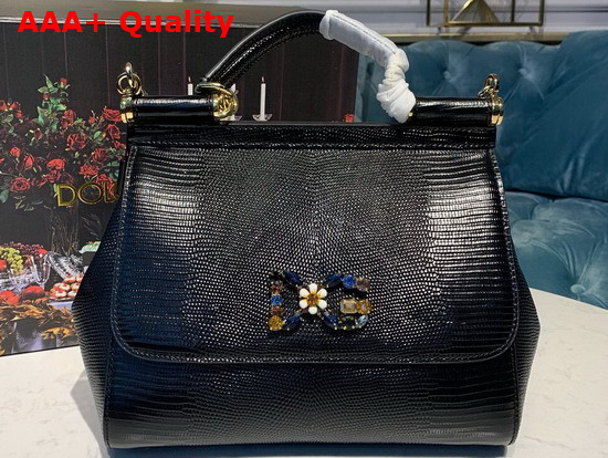 Dolce Gabbana Medium Sicily Bag in Black Lizard Embossed Calfskin Replica