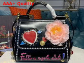 Dolce Gabbana Medium Sicily Bag in Black Printed Calfskin with Embroidered Heart and Flower Replica