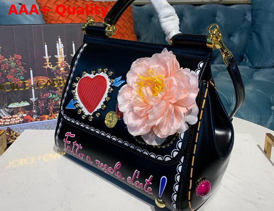 Dolce Gabbana Medium Sicily Bag in Black Printed Calfskin with Embroidered Heart and Flower Replica