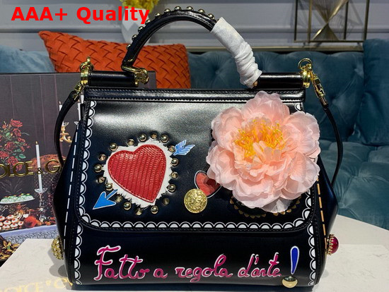 Dolce Gabbana Medium Sicily Bag in Black Printed Calfskin with Embroidered Heart and Flower Replica