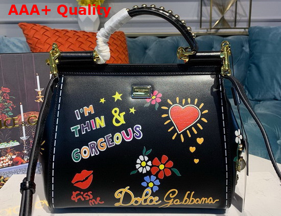 Dolce Gabbana Medium Sicily Bag in Black Printed Calfskin with Rose Replica