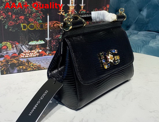 Dolce Gabbana Small Sicily Bag in Black Lizard Embossed Calfskin Replica