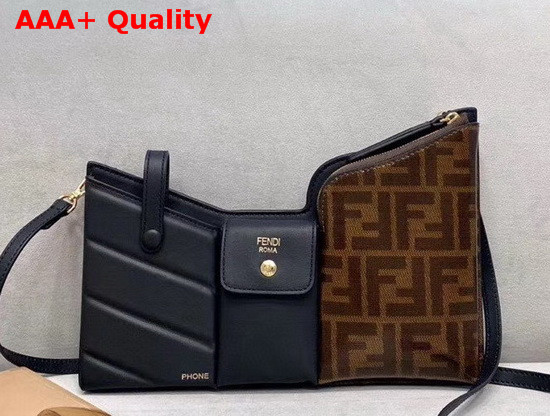 Fendi 3 Pocket Mini Bag in Black Calf Leather and Glazed Fabric with Jacquard FF Motif Replica