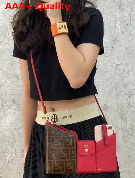 Fendi 3 Pocket Mini Bag in Red Calf Leather and Glazed Fabric with FF Motif Replica