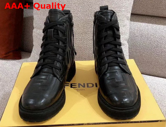 Fendi Ankle Boots Black Leather Ankle Biker Boots Black Nappa Leather with All Over Embossed FF Motif Replica