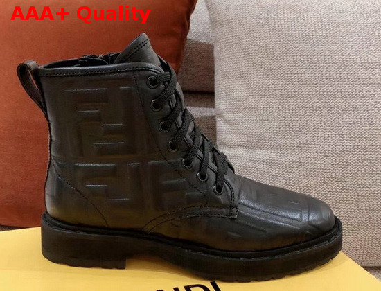 Fendi Ankle Boots Black Leather Ankle Biker Boots Black Nappa Leather with All Over Embossed FF Motif Replica