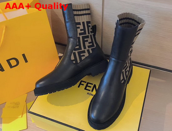 Fendi Ankle Boots in Black Calf Leather and Stretch Fabric Printed with FF Motif Replica