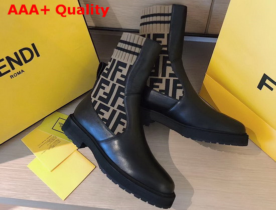 Fendi Ankle Boots in Black Calf Leather and Stretch Fabric Printed with FF Motif Replica