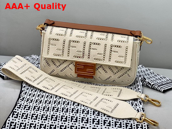 Fendi Baguette Bag Made of Undyed Canvas with a Jour Embroidered FF Motif White Replica