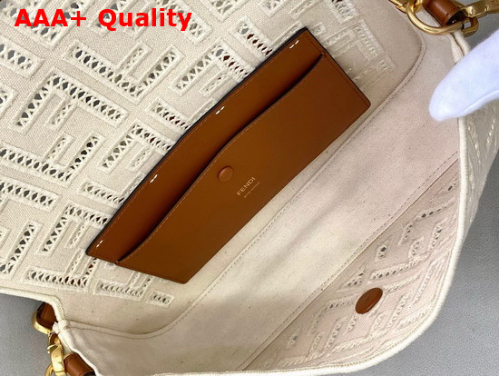 Fendi Baguette Bag Made of Undyed Canvas with a Jour Embroidered FF Motif White Replica