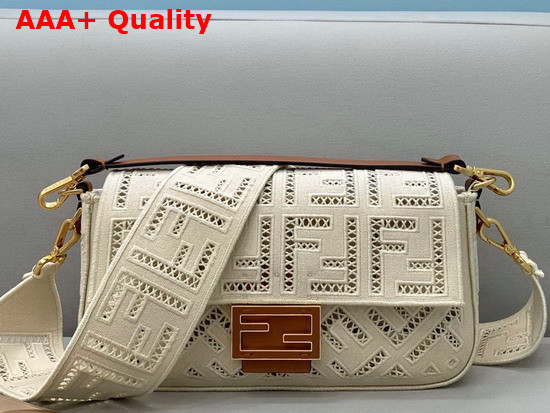 Fendi Baguette Bag Made of Undyed Canvas with a Jour Embroidered FF Motif White Replica