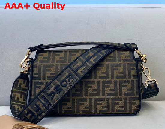 Fendi Baguette Bag in Brown Jacquard Fabric with an FF Motif and Black Calf Leather Trim Replica