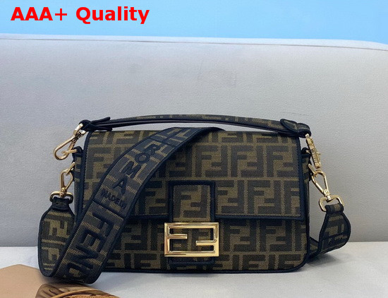 Fendi Baguette Bag in Brown Jacquard Fabric with an FF Motif and Black Calf Leather Trim Replica