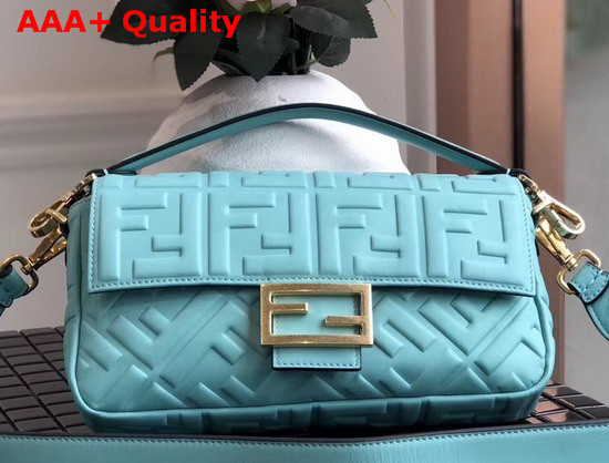 Fendi Baguette Bag in Medium Size Light Blue Lambskin with an All Over FF Motif Replica