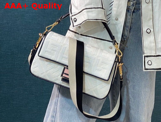 Fendi Baguette Bag in White Denim with Embroidered FF Motif Replica