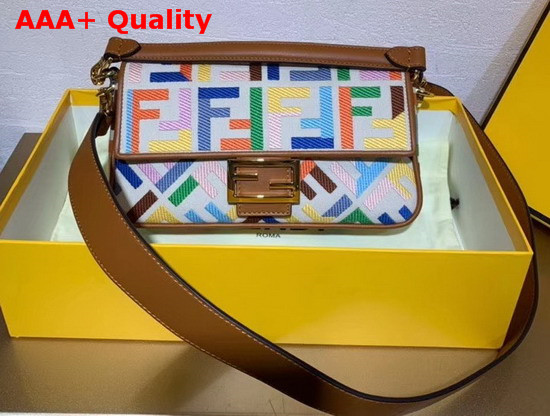 Fendi Baguette Beige Canvas Bag FF Motif Embroidered in Multicolor Thread Replica