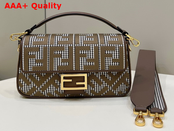 Fendi Baguette Brown Houndstooth Wool Bag with FF Embroidery Replica