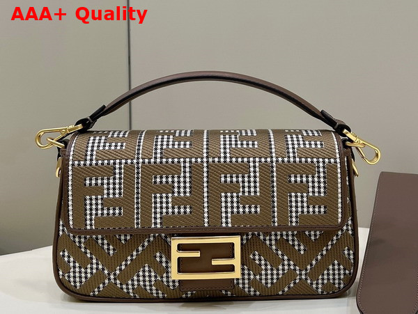 Fendi Baguette Brown Houndstooth Wool Bag with FF Embroidery Replica