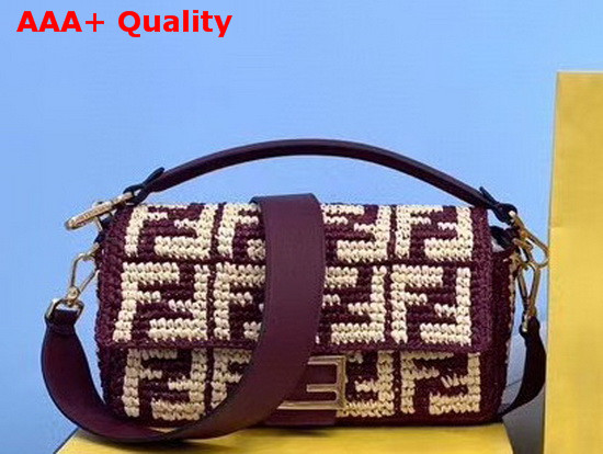 Fendi Baguette Burgundy Raffia FF Bag Replica