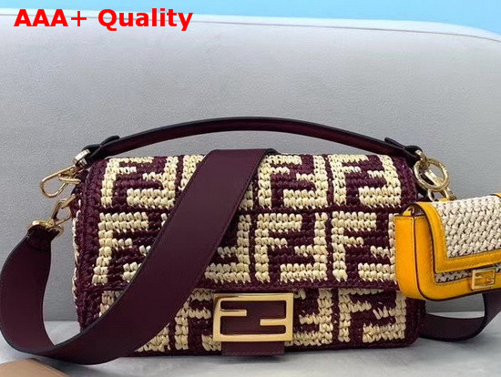 Fendi Baguette Burgundy Raffia FF Bag Replica