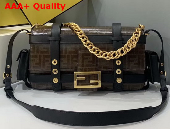 Fendi Baguette Cage in Brown Glazed Fabric with Jacquard FF Motif Details in Black Letaher Replica