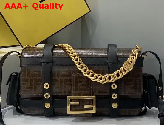 Fendi Baguette Cage in Brown Glazed Fabric with Jacquard FF Motif Details in Black Letaher Replica