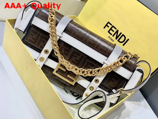 Fendi Baguette Cage in Brown Glazed Fabric with Jacquard FF Motif Details in White Letaher Replica