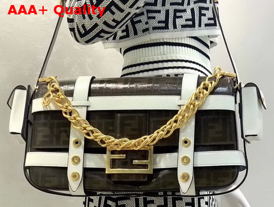 Fendi Baguette Cage in Brown Glazed Fabric with Jacquard FF Motif Details in White Letaher Replica