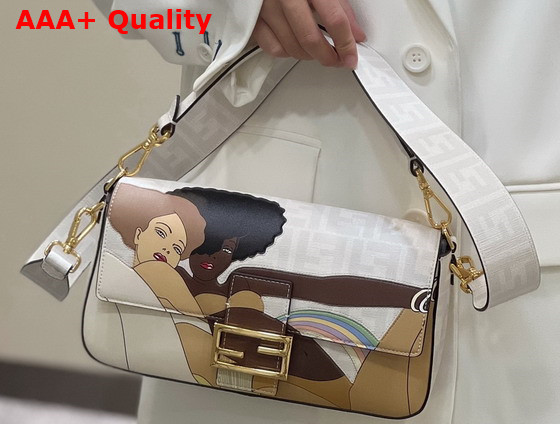 Fendi Baguette FF White Glazed Fabric Bag with Inlay Replica