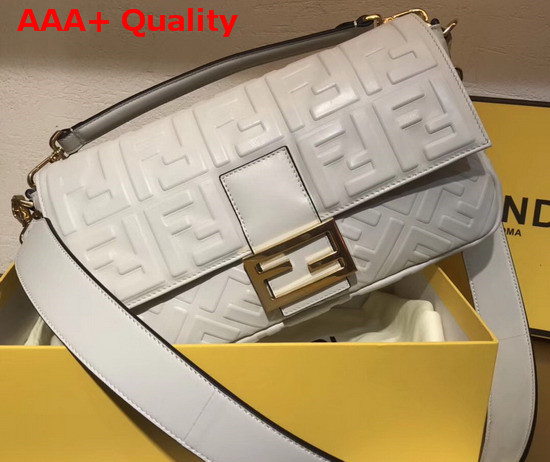 Fendi Baguette Large Bag in White Lambskin with All Over FF Motif Replica