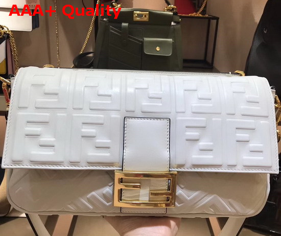 Fendi Baguette Large Bag in White Lambskin with All Over FF Motif Replica