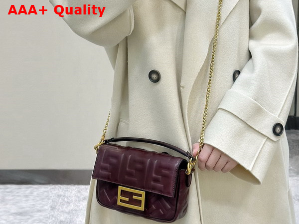 Fendi Baguette Mini Burgundy Nappa Leather Bag with FF Motif Replica