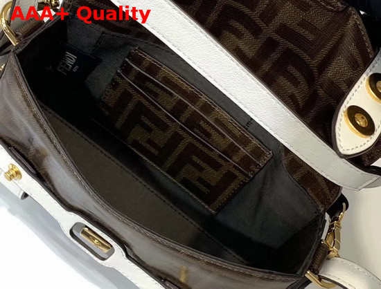 Fendi Baguette Mini Cage in Glazed Fabric with Brown Jacquard FF Motif Details in White Leather Replica