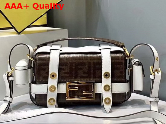 Fendi Baguette Mini Cage in Glazed Fabric with Brown Jacquard FF Motif Details in White Leather Replica